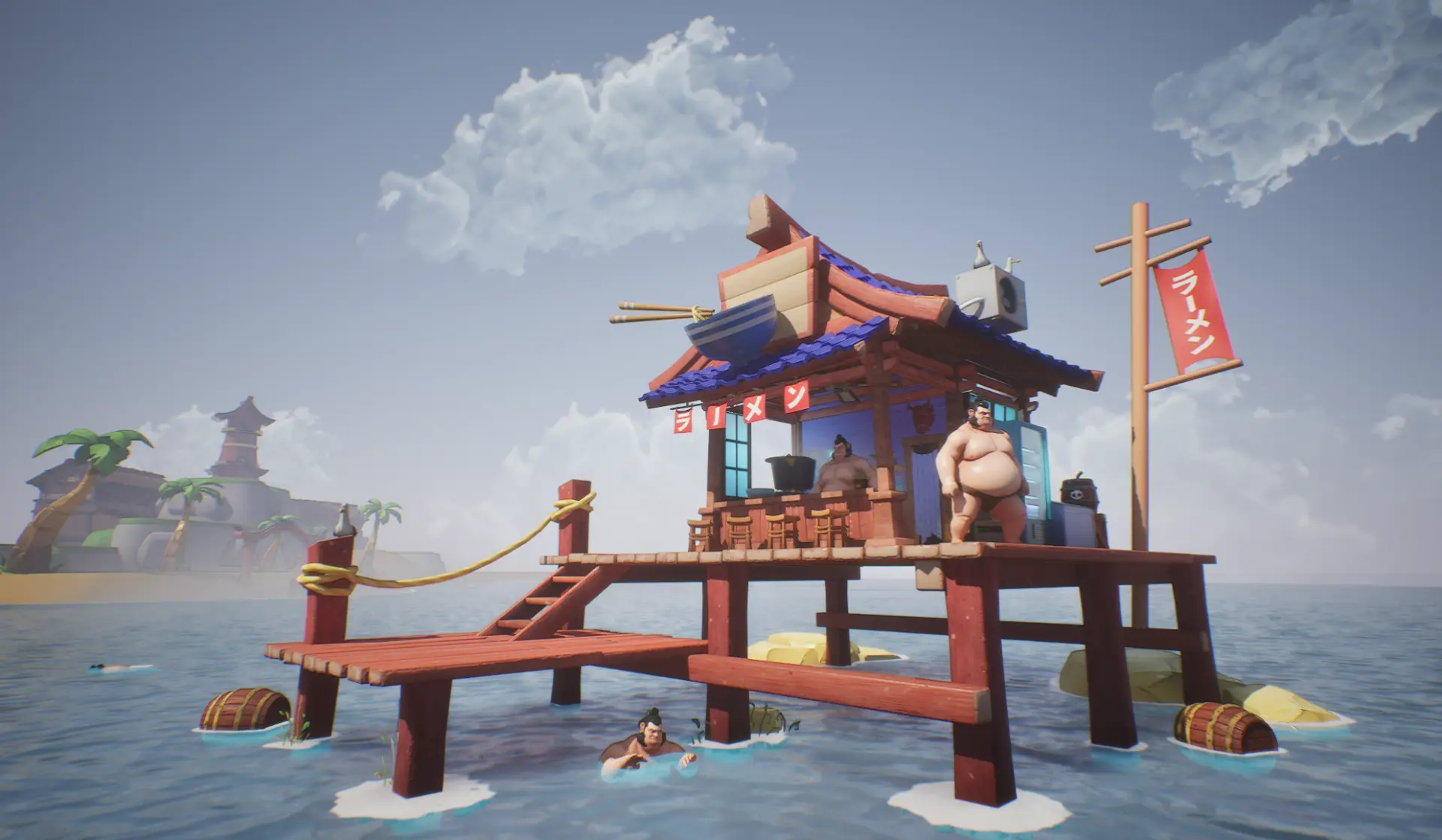 Sumo wrestlers at a floating ramen stand above the ocean