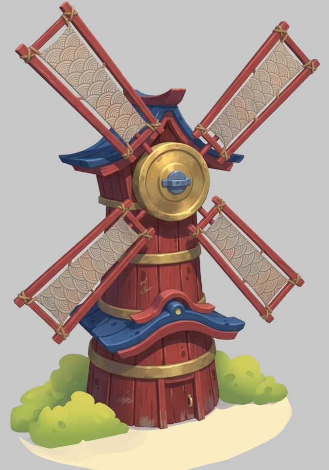 Concept art of a red and blue Japanese windmill hazard